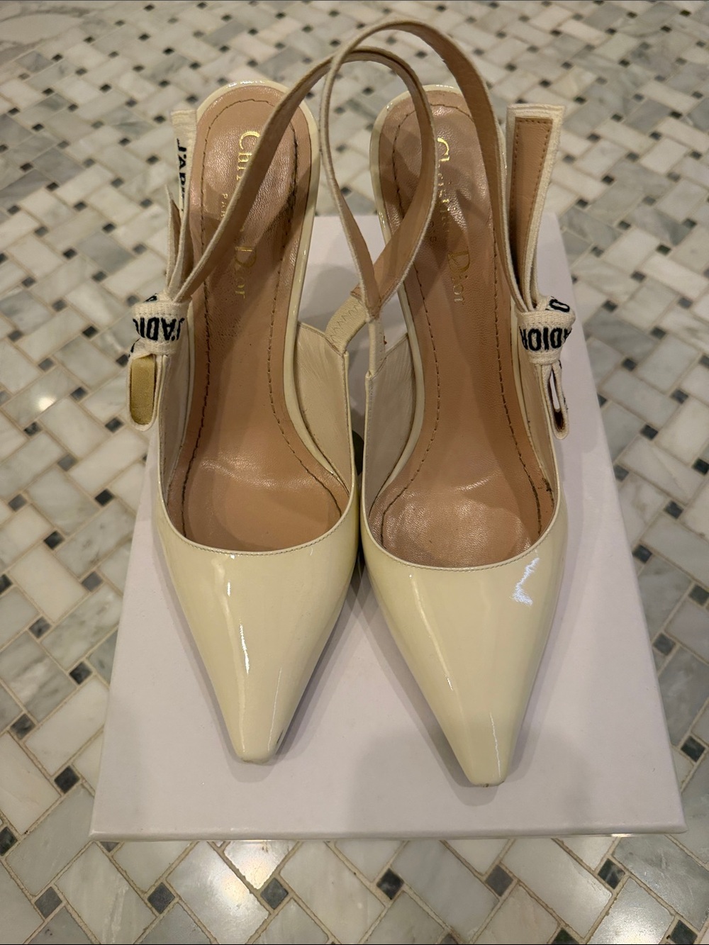Dior Ivory Patent Leather Pointed Slingback Pumps